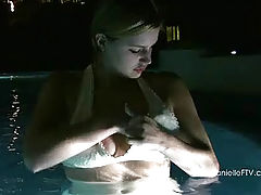 Bald Pussy, Danielle plays in the pool at night