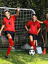 Three sexy girls warm up on the soccer field before taking advantage of the coaches hard dick.